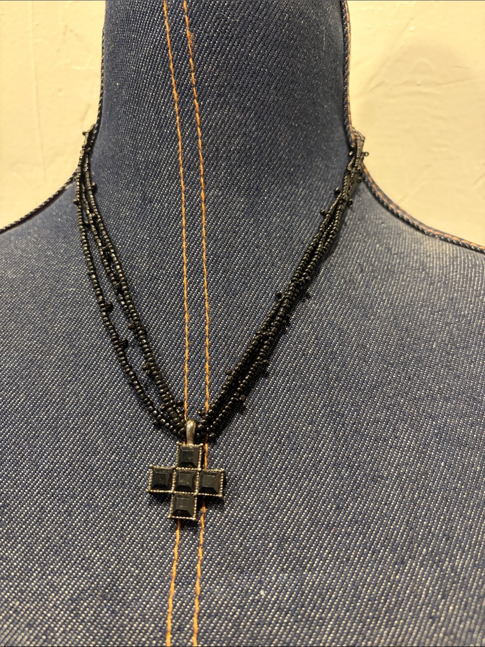 Black Beaded Cross Pendant Necklace - Women Jewelry